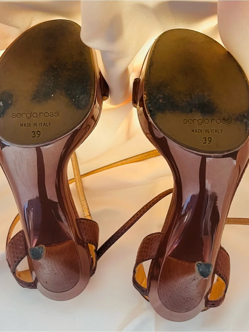 Sergio Rossi Brown Snake-Embossed Strappy Heels with Gold Insole